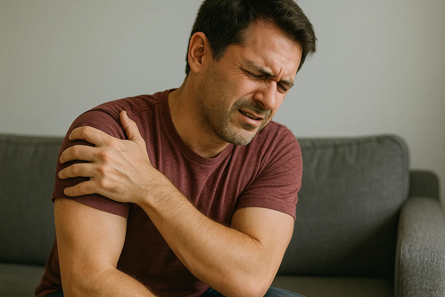 Мужчина держится за плечо при болях в мышцах, миалгия